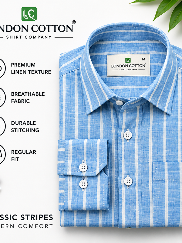 Men's Sky Blue Striped Linen Textured Shirt – Regular Fit
