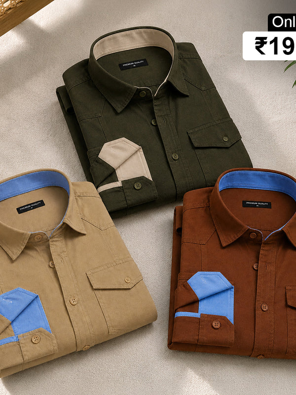 Pack Of 3 Cargo Style Beige, Bottle Green & Brown Shirt
