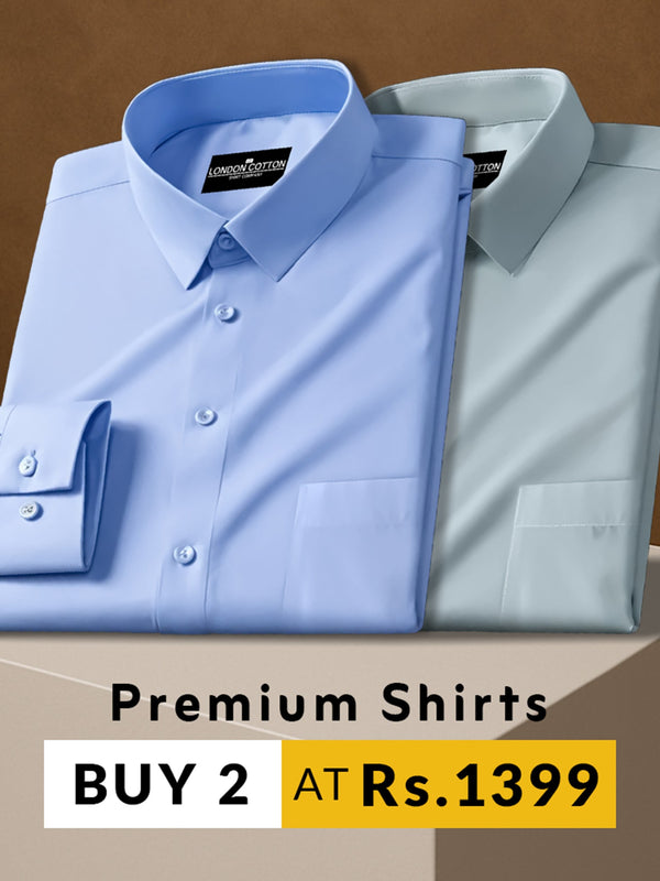 Two folded premium shirts, one blue and one gray, on a brown background with promotional text.