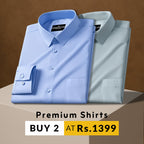 Two folded premium shirts, one blue and one gray, on a brown background with promotional text.