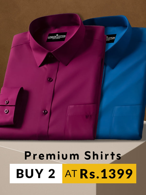 Two folded premium shirts, one purple and one blue, on a brown background with promotional text.