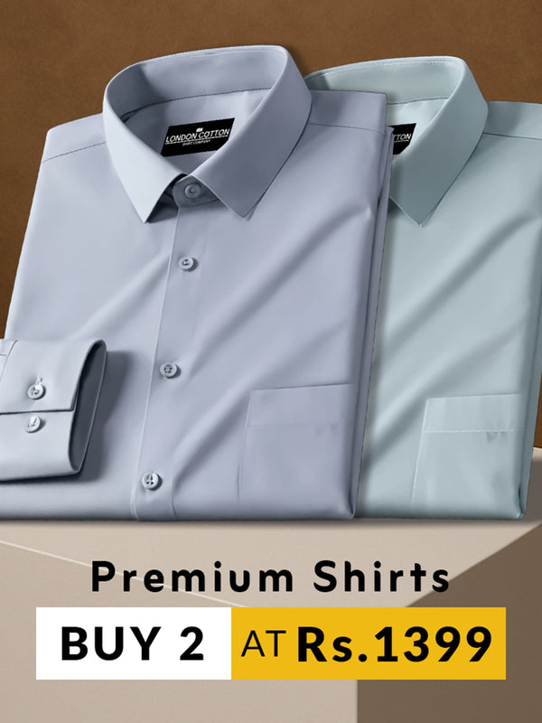 Two folded premium shirts on a brown background with promotional text.