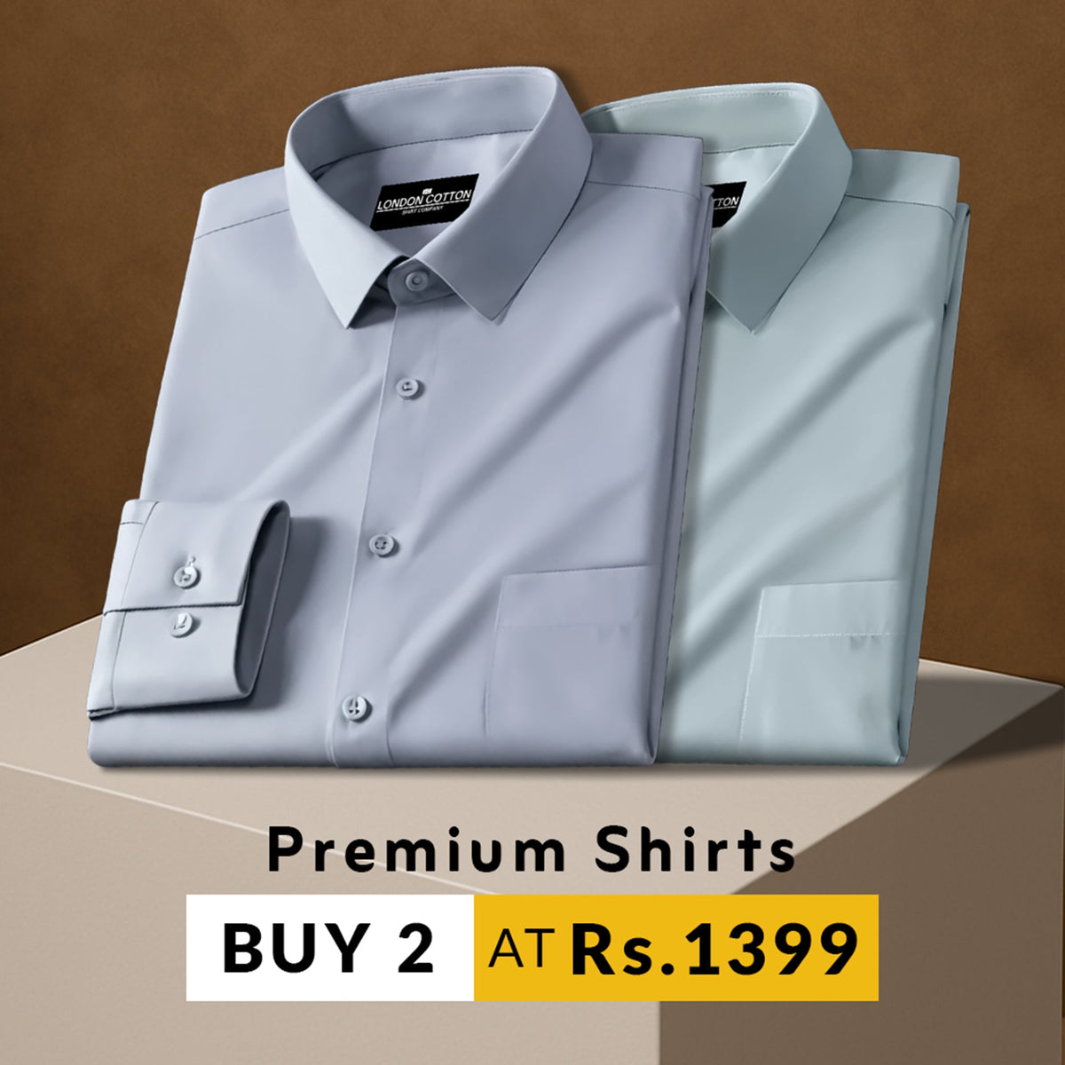 Two folded premium shirts on a brown background with promotional text.