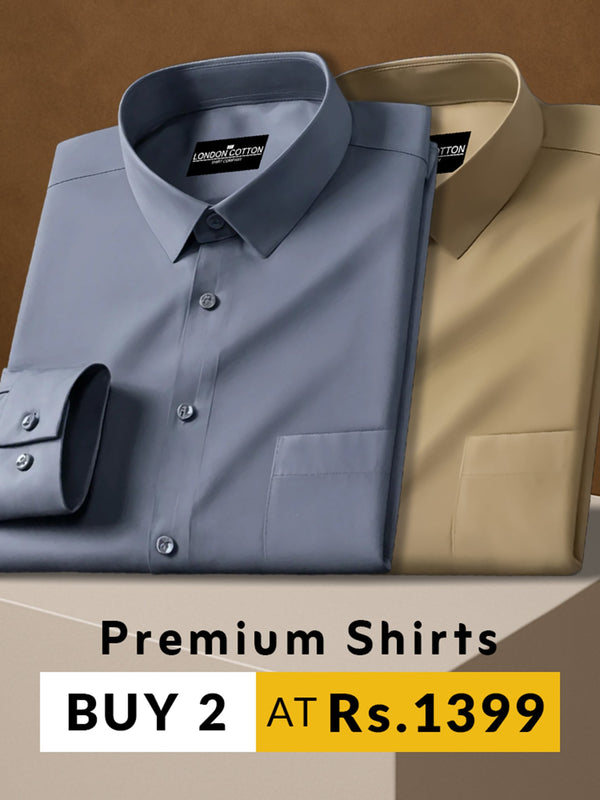 Two folded shirts, one blue and one beige, on a brown background with promotional text.