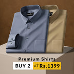 Two folded shirts, one blue and one beige, on a brown background with promotional text.