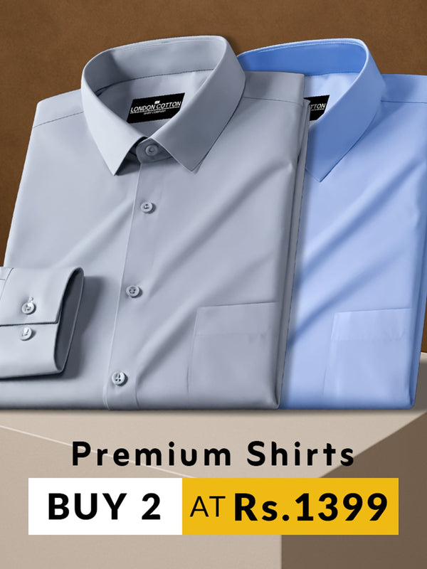 Two folded shirts, one gray and one blue, on a brown background with promotional text.