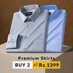 Two folded shirts, one gray and one blue, on a brown background with promotional text.