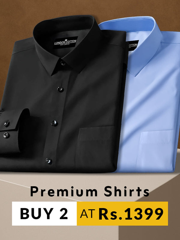 Two folded shirts, one black and one blue, on a brown background with promotional text.