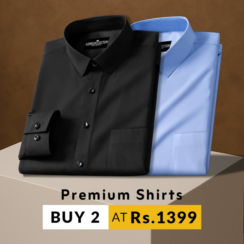 Two folded shirts, one black and one blue, on a brown background with promotional text.