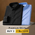 Two folded shirts, one black and one blue, on a brown background with promotional text.