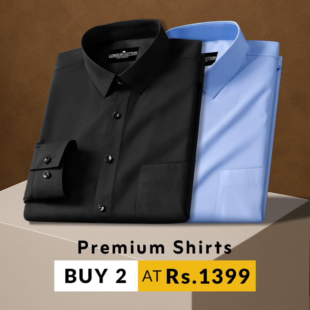 Two folded shirts, one black and one blue, on a brown background with promotional text.