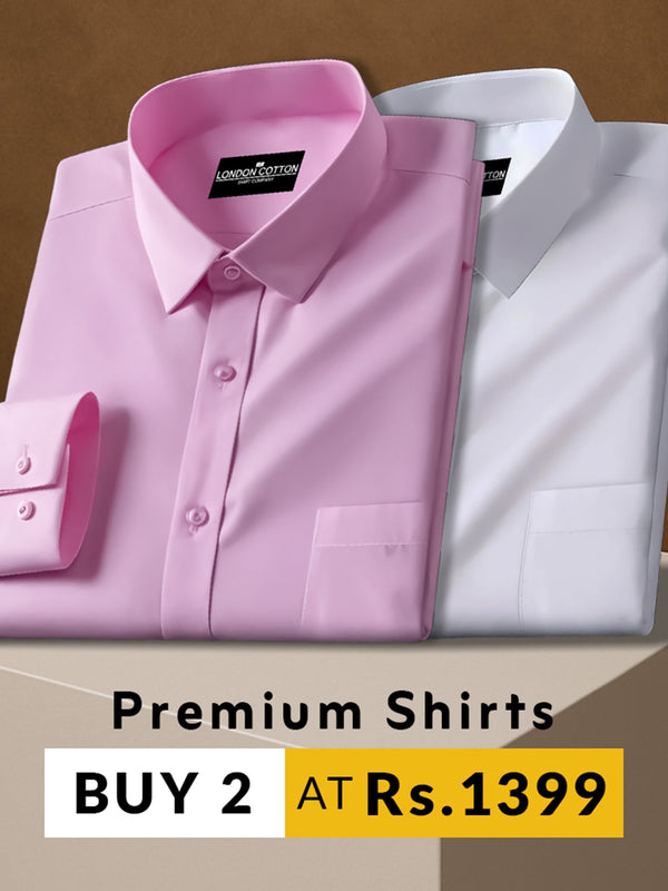 Two folded shirts, one pink and one white, with a promotional banner on a brown background.