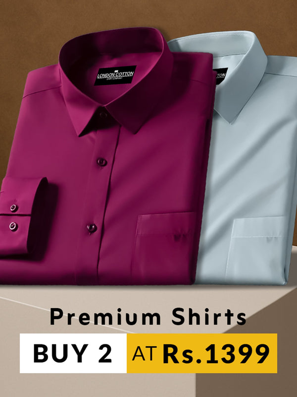 Two folded shirts, one purple and one white, on a brown background with promotional text.