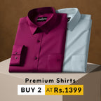 Two folded shirts, one purple and one white, on a brown background with promotional text.