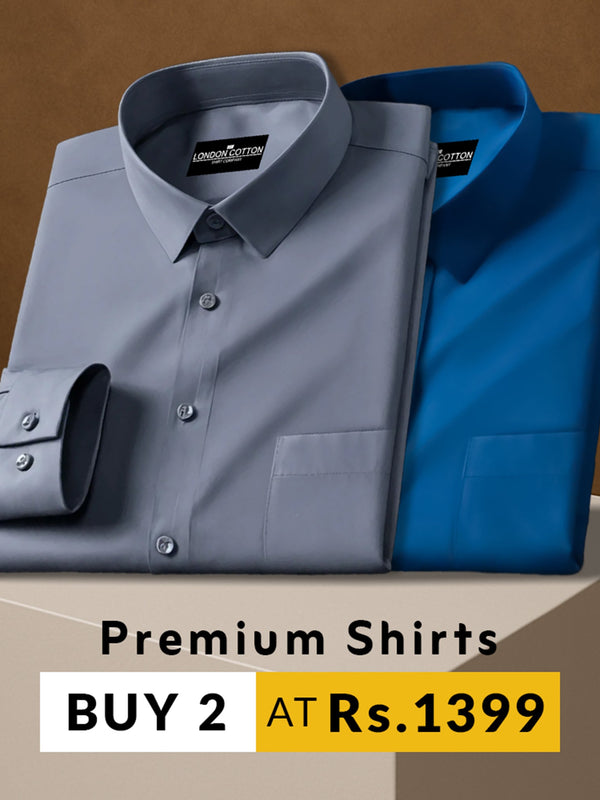 Two folded shirts, one gray and one blue, on a brown background with promotional text.