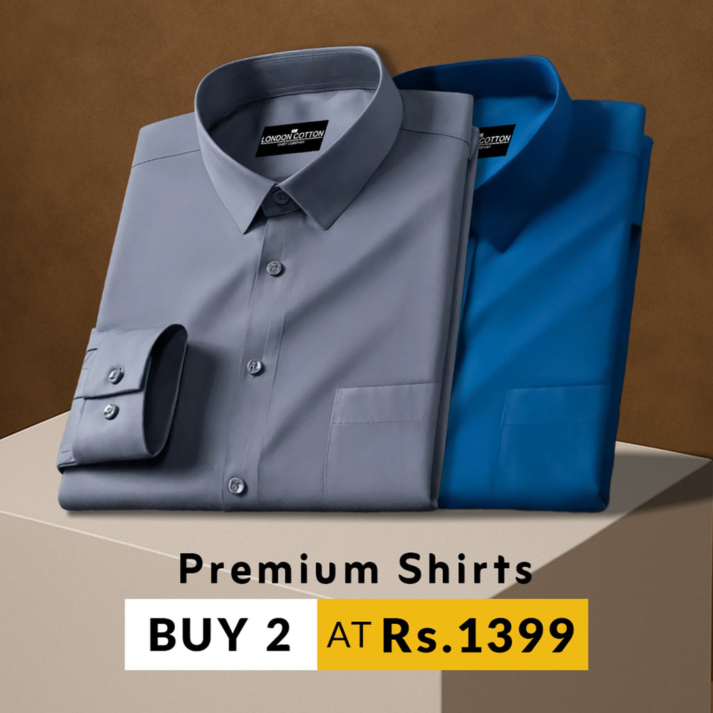 Two folded shirts, one gray and one blue, on a brown background with promotional text.