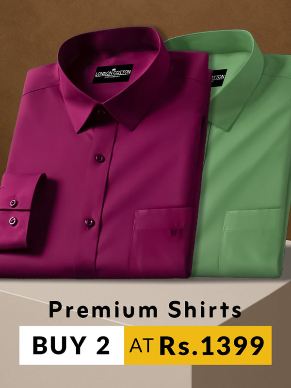 Two folded shirts, one purple and one green, on a brown background with promotional text.