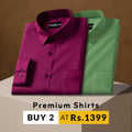 Two folded shirts, one purple and one green, on a brown background with promotional text.