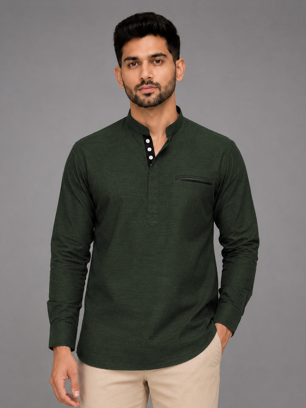 Pack Of 2 Urban Fit Bottle Green & White Short Linen Kurta For Men