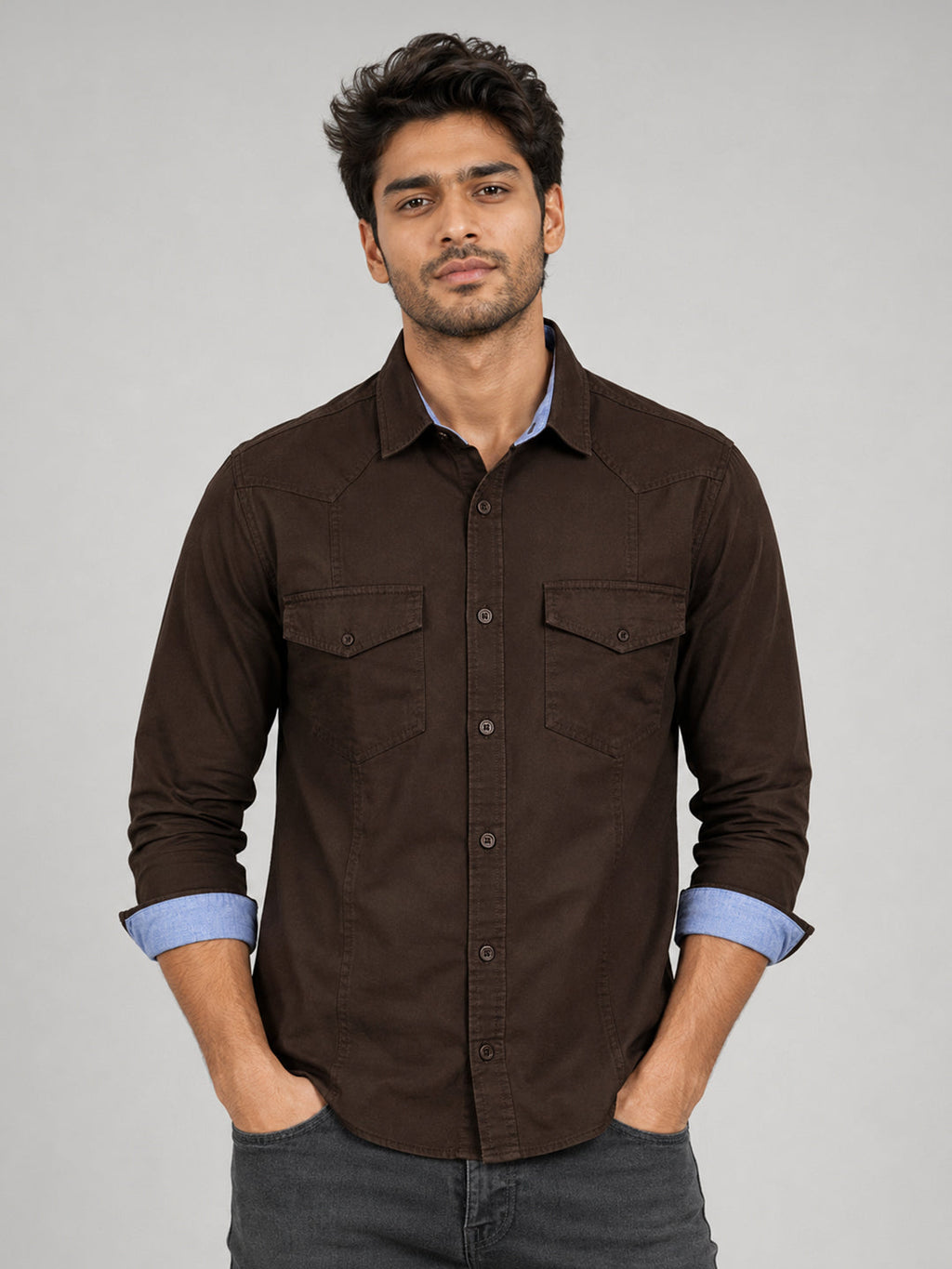 Pack Of 2 Cargo Style Dark Brown & Cream Shirt