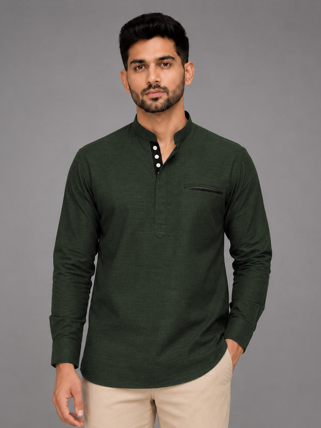 Pack Of 2 Urban Fit Light Blue & Bottle Green Short Linen Kurta For Men