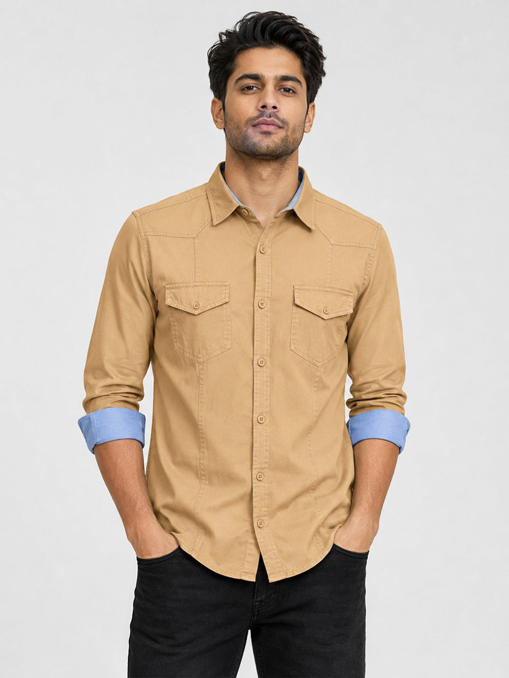 Pack Of 2 Cargo Style Dark Brown & Cream Shirt