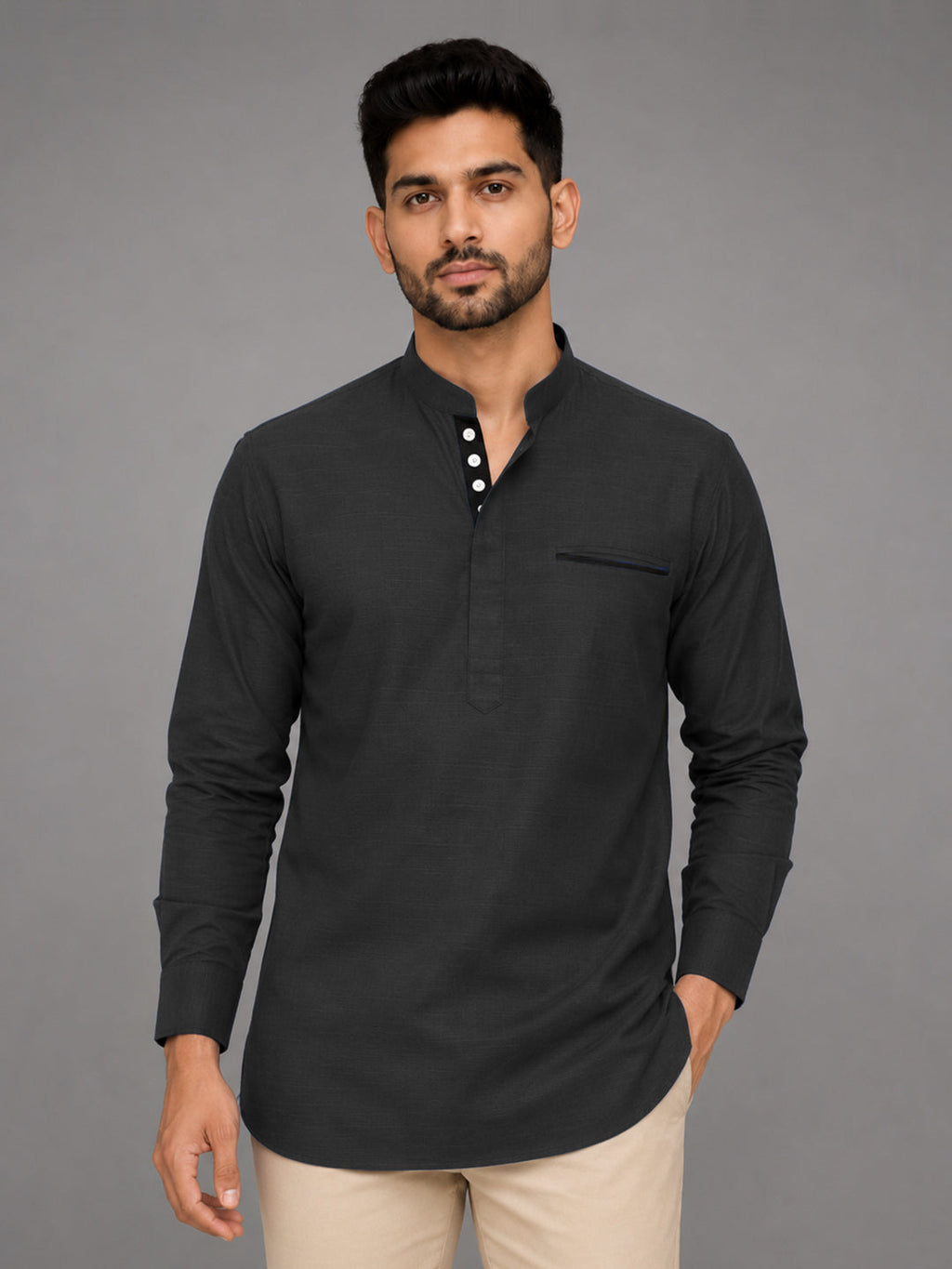 Pack Of 2 Urban Fit Dark Grey & Orange Short Linen Kurta For Men