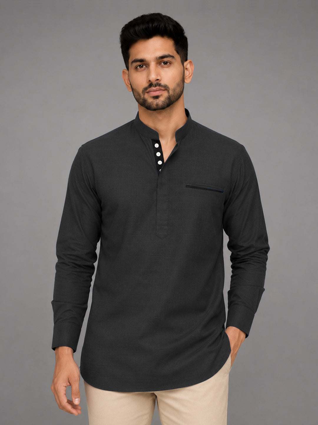 Pack Of 2 Urban Fit Dark Grey & Orange Short Linen Kurta For Men