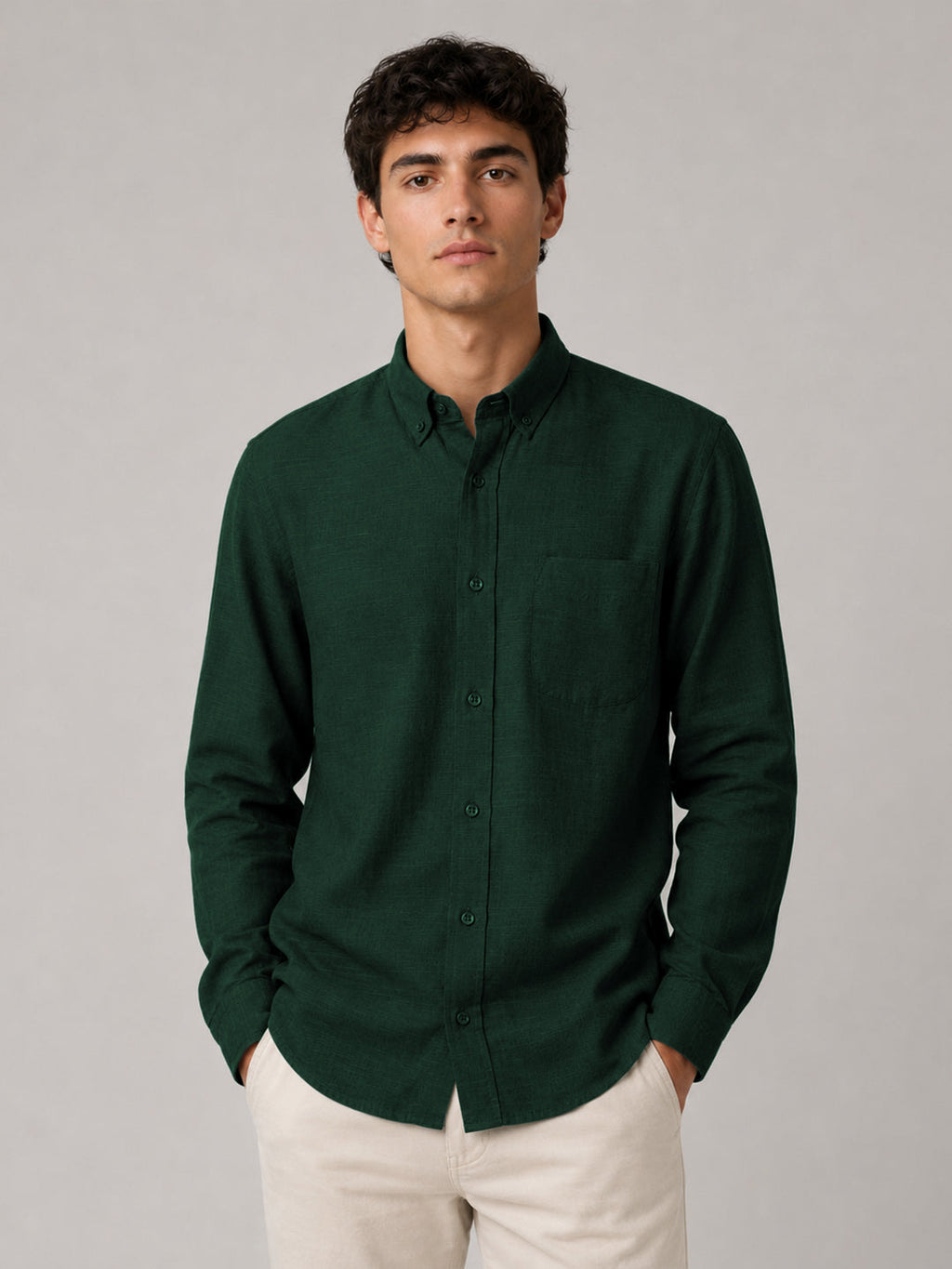 Bottle Green Linear Linen Shirt