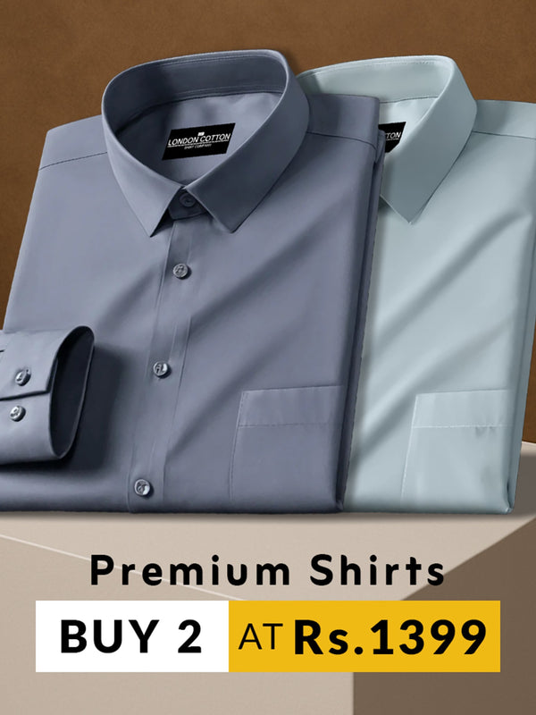Two folded shirts, one gray and one light blue, on a brown background with promotional text.