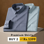 Two folded shirts, one gray and one light blue, on a brown background with promotional text.