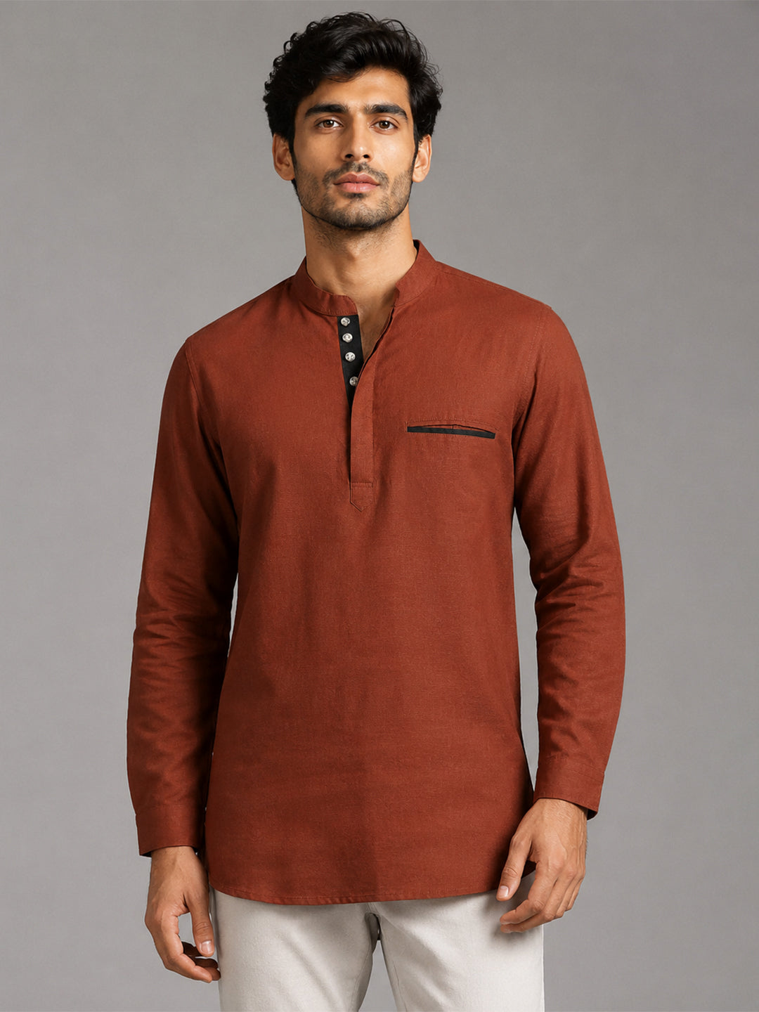Pack Of 2 Urban Fit Dark Grey & Orange Short Linen Kurta For Men