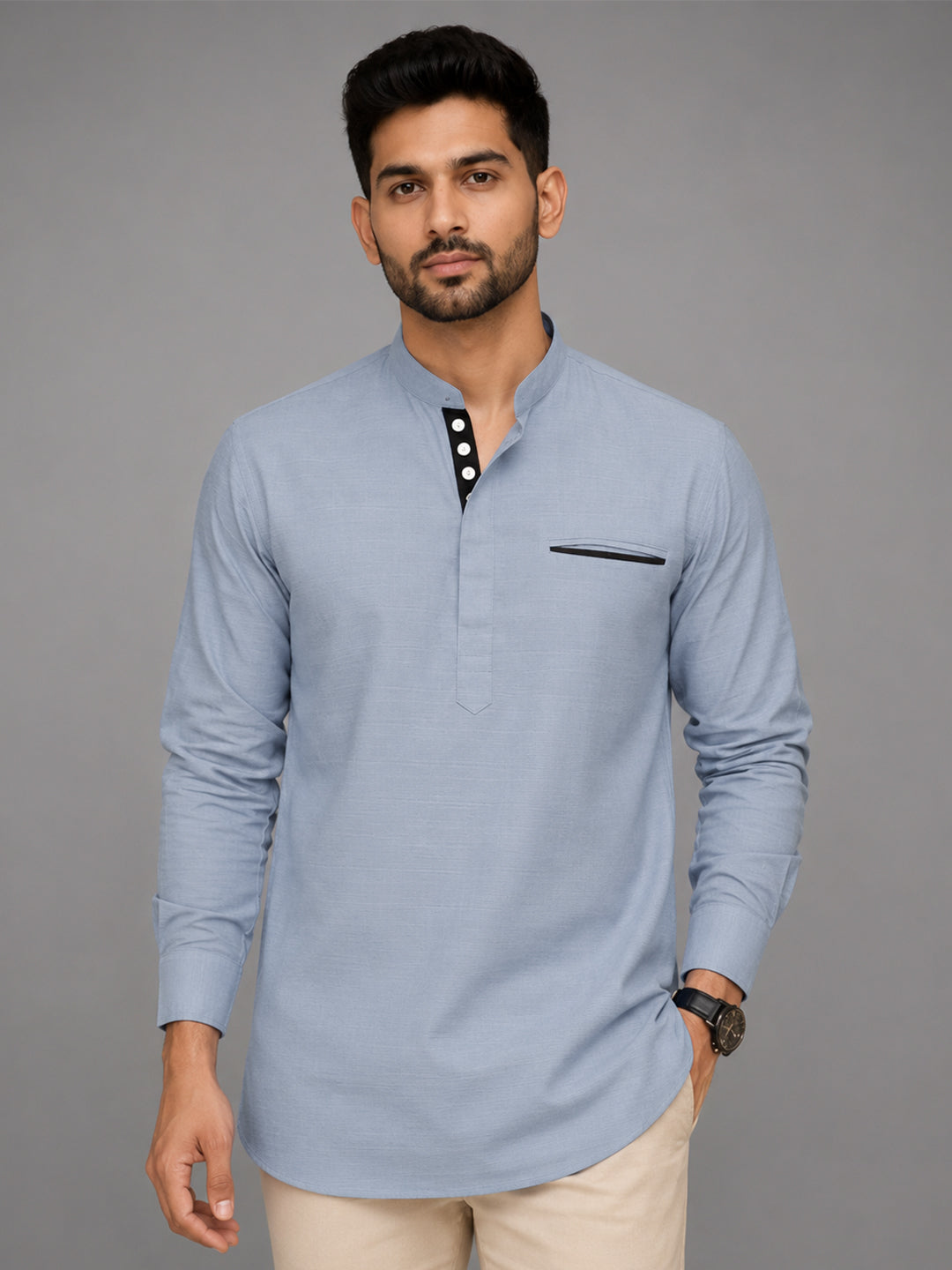 Pack Of 2 Urban Fit Light Blue & Bottle Green Short Linen Kurta For Men