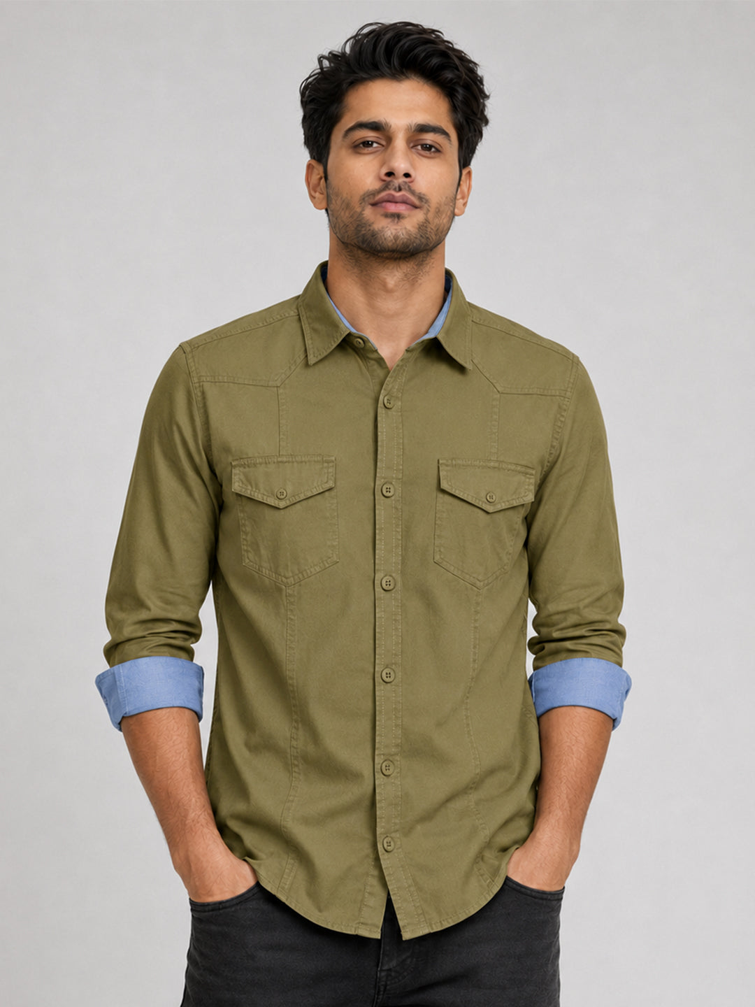 Pack Of 2 Cargo Style Olive & Cream Shirt