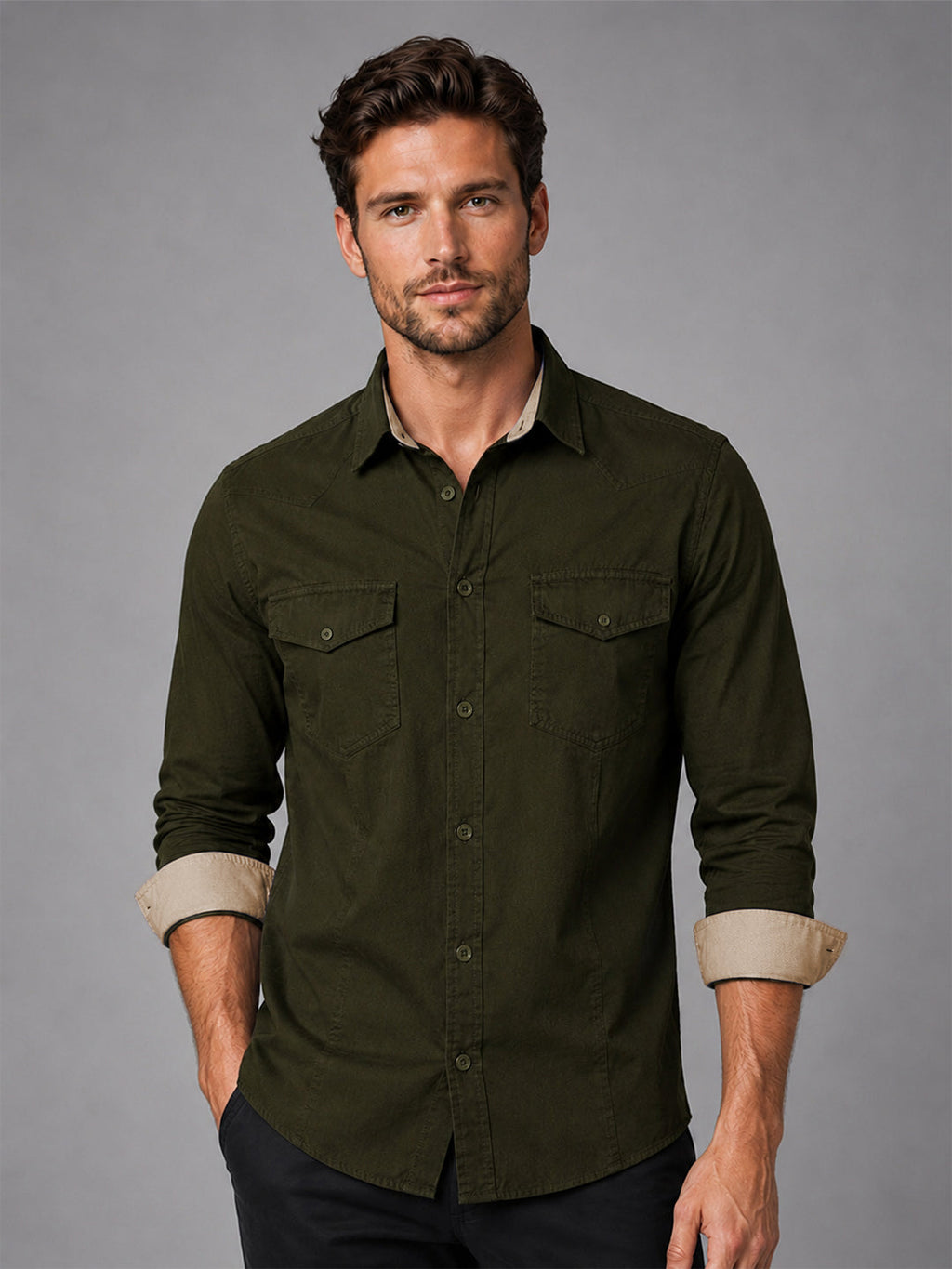 Pack Of 2 Cargo Style Beige & Bottle Green Shirt