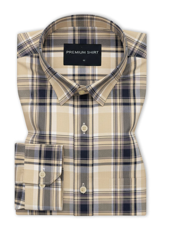 Beige & Navy Classic Check Cotton Blend Shirt for Men