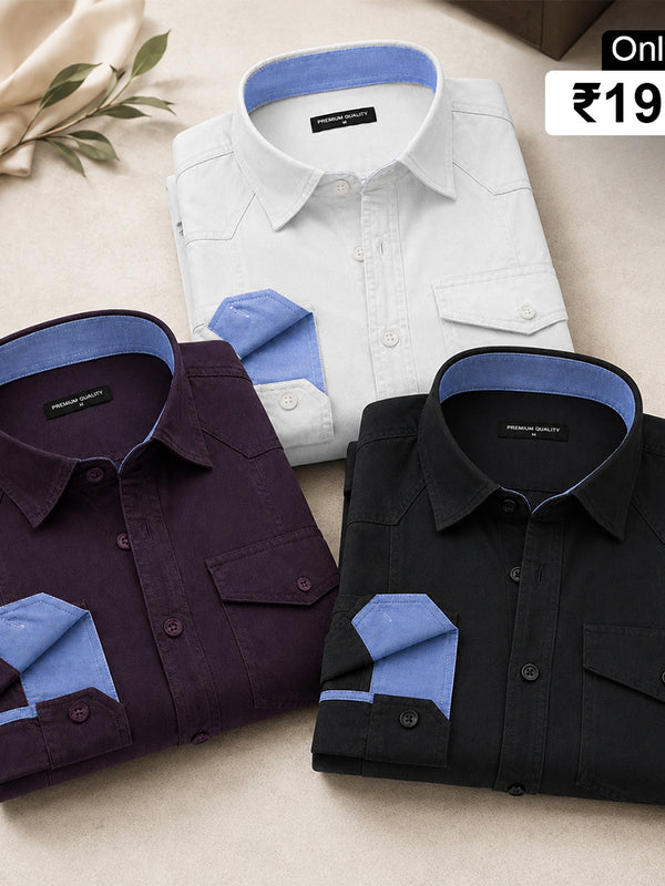 Pack Of 3 Cargo Style White, Wine & Black Shirt