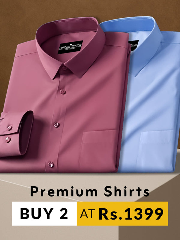 Two folded shirts, one pink and one blue, on a brown background with promotional text.
