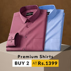 Two folded shirts, one pink and one blue, on a brown background with promotional text.