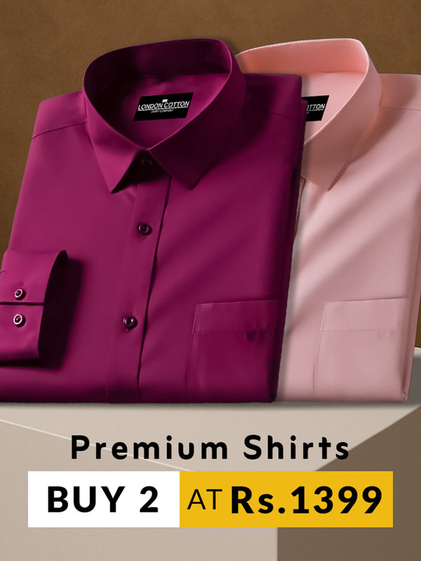 Two folded shirts, one purple and one pink, on a brown background with promotional text.