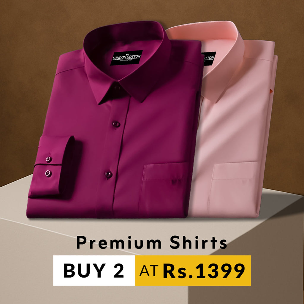 Two folded shirts, one purple and one pink, on a brown background with promotional text.