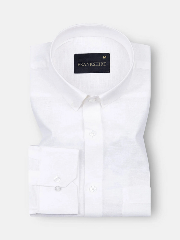 A white, long-sleeved, button-down linen shirt by Frankshirt laid out flat on a plain background.