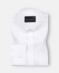 A white, long-sleeved, button-down linen shirt by Frankshirt laid out flat on a plain background.