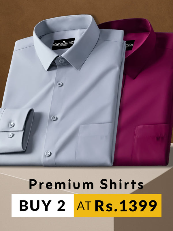 Two folded shirts, one gray and one purple, on a brown background with promotional text.