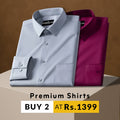 Two folded shirts, one gray and one purple, on a brown background with promotional text.