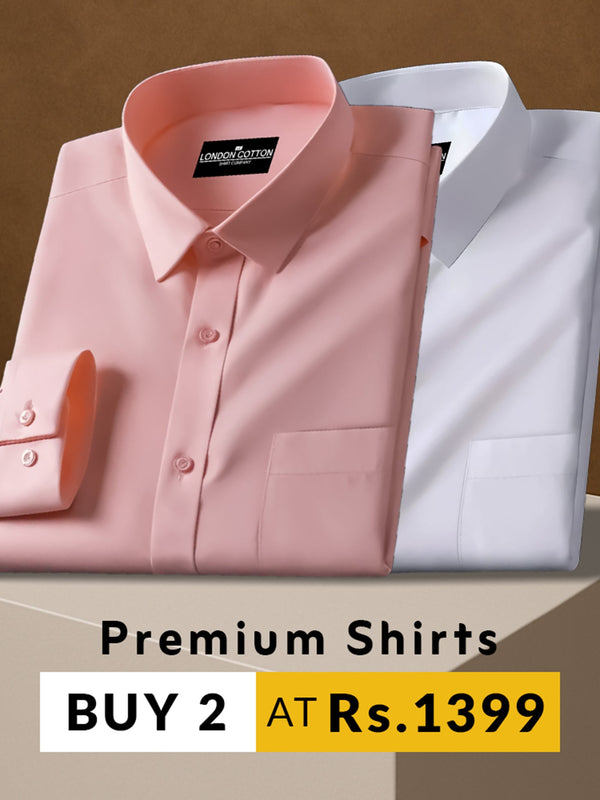 Two folded shirts, one pink and one white, on a brown background with promotional text.
