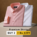 Two folded shirts, one pink and one white, on a brown background with promotional text.