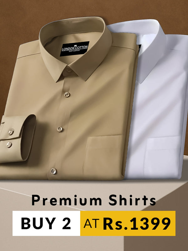 Two folded shirts, one beige and one white, on a brown background with promotional text.