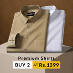 Two folded shirts, one beige and one white, on a brown background with promotional text.