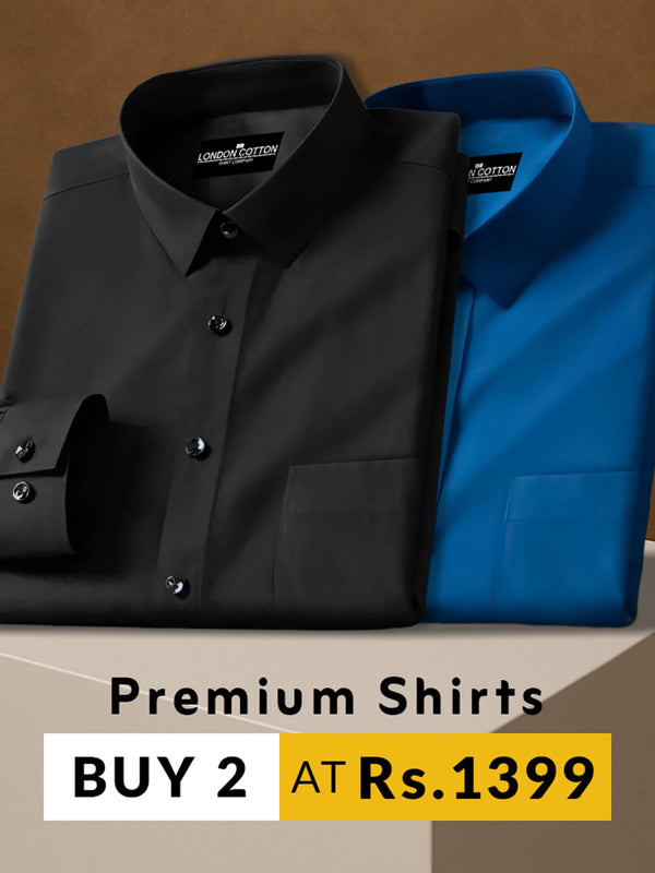 Two folded shirts, one black and one blue, on a brown background with promotional text.